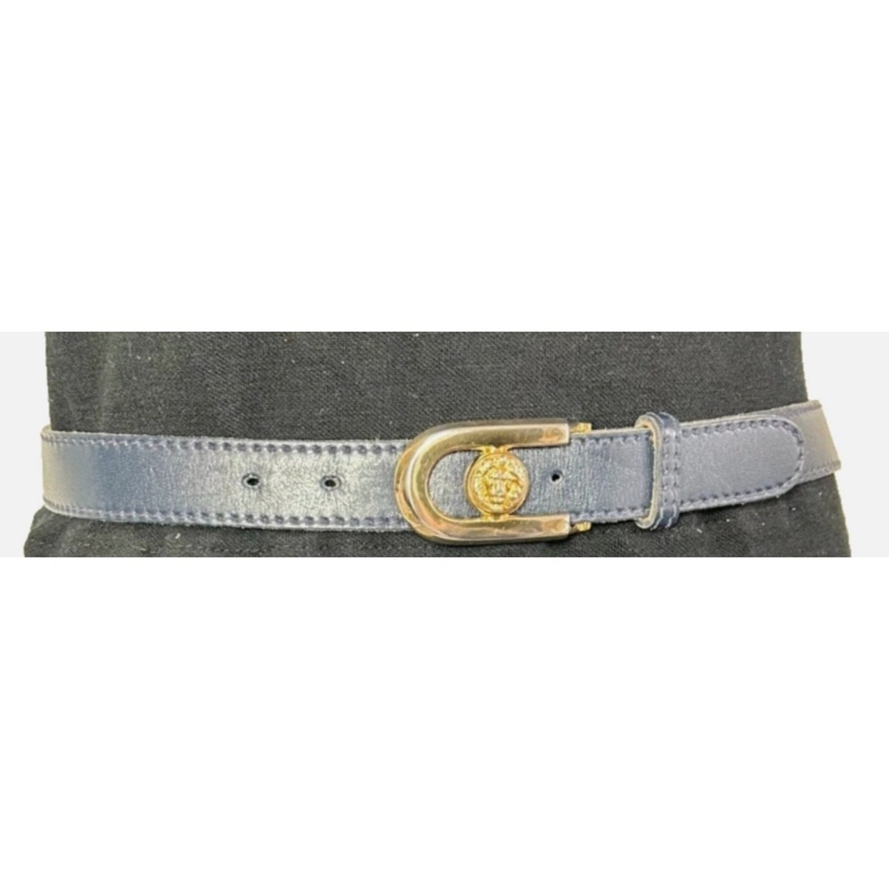 Vtg 90s Anne Klein for Calderon Blue Leather Belt Gold Lion Head Buckle Size